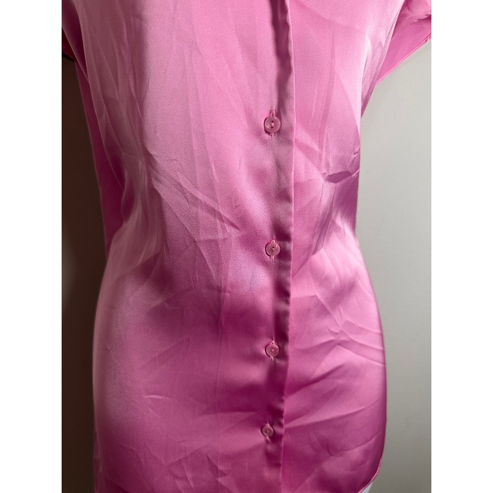 Rachel Rachel Roy Hot Pink Satin Button Down Short Sleeve Blouse Large Fuchsia - Picture 4 of 7